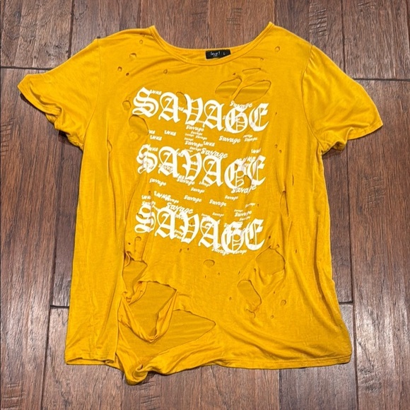 Large Savage Ripped Design Graphic Yellow Top - Picture 9 of 10